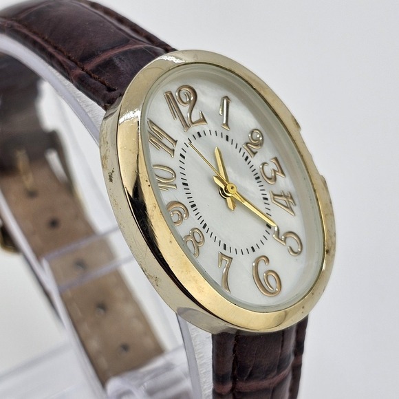 26MM Women's Watch MOP White Dial Brown Leather Bands New Battery - Picture 4 of 14